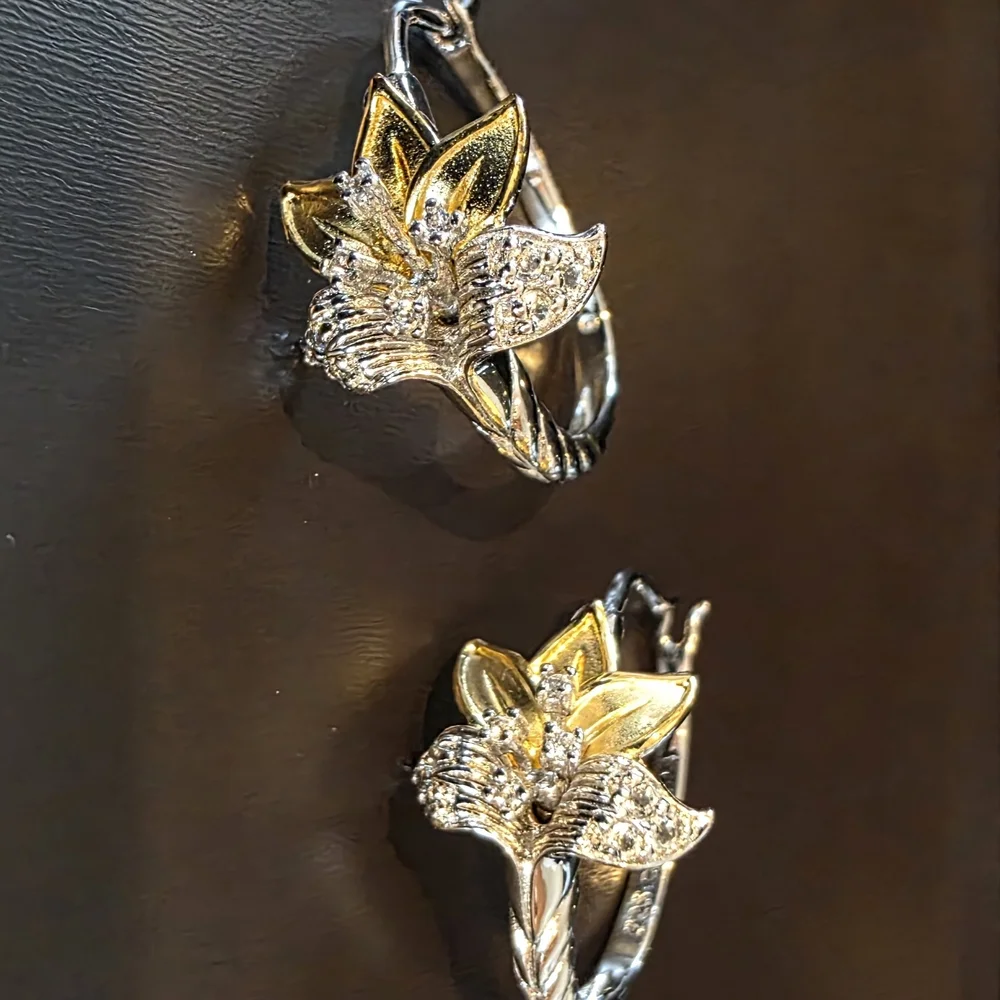 White Topaz 925 Sterling Silver Gold Enamel Believe in Miracles Flower Earrings - Picture 6 of 7